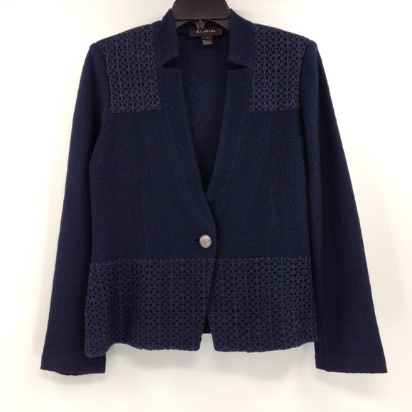 ST‎ JOHN Caris Geo Blazer Women's 6 Navy Santa Knit Lace Notch Collar Jacket - Picture 8 of 16